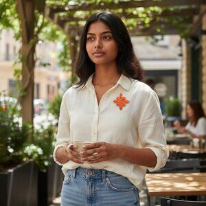 Signed Emmons Vintage Orange Enamel Flower Brooch Pin 1960s Gold Tone Mod Costum